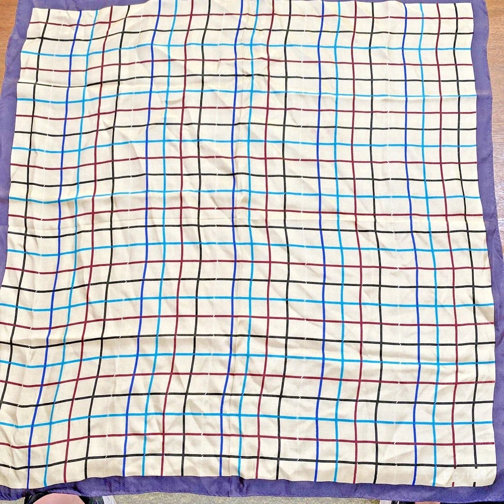 NWT Echo Silk Scarf Neckerchief Sq 22” Blue Beige Multicolor Plaid Check Classic